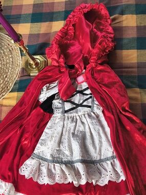 Girls' Red Little Red Riding Hood Costume Cape with White Eyelet Dress